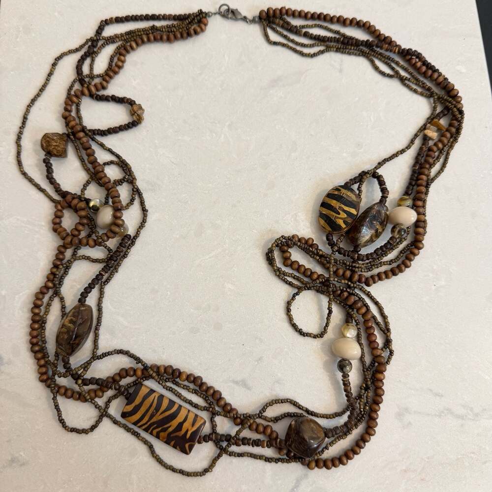Multi-Strand Beaded Necklace with Tiger Eye and Wood Beads - Picture 1 of 3